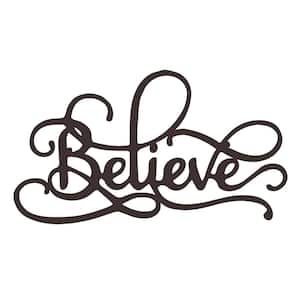 "Believe" Brown Decorative Metal Wall Sign 3D Hanging Decor in a Script Font with Built-In Hangers