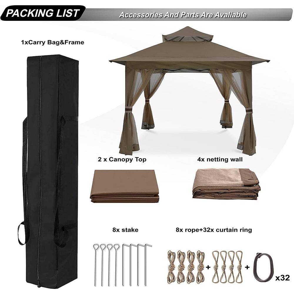 Brown 13' x 13' Outdoor Gazebo Tent with Mosquito Netting
