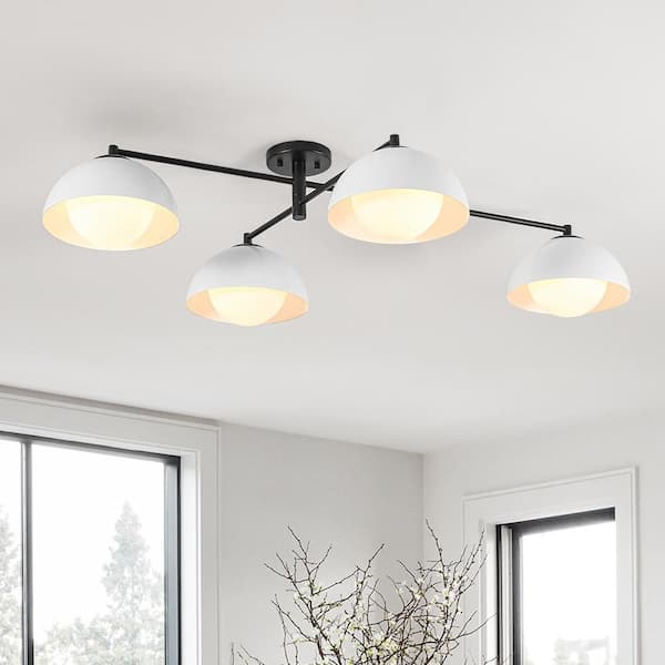 45 in. 4-Light Modern Matte Black Semi-Dome Metal Semi-Flush Mount Ceiling Light With Opal Globe Shade