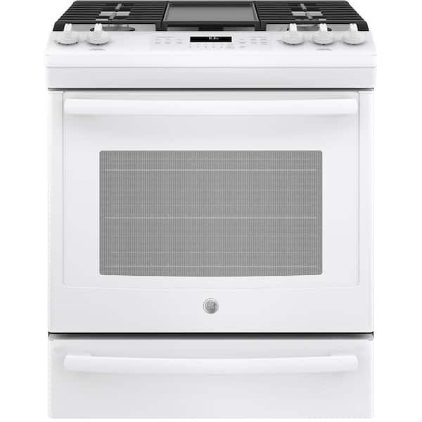 GE 5.6 cu. ft. Slide-In Gas Range with Self-Cleaning Convection Oven in White