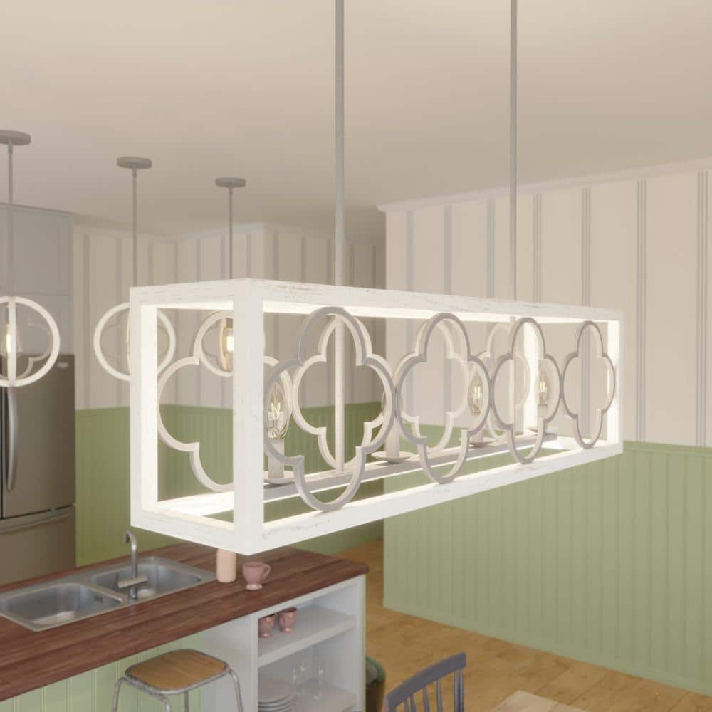White Painted Concrete 4-Light Linear Chandelier