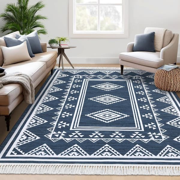 Tassel Printed Carpet Washable Area Rug Soft Non-Slip Bohemian Style Carpet for Bedroom Living Room Office Blue，8X10ft