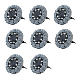 Solar Powered Dark Gray Stone Like Outdoor Integrated LED Landscape Disk Path Lights (8-Pack)