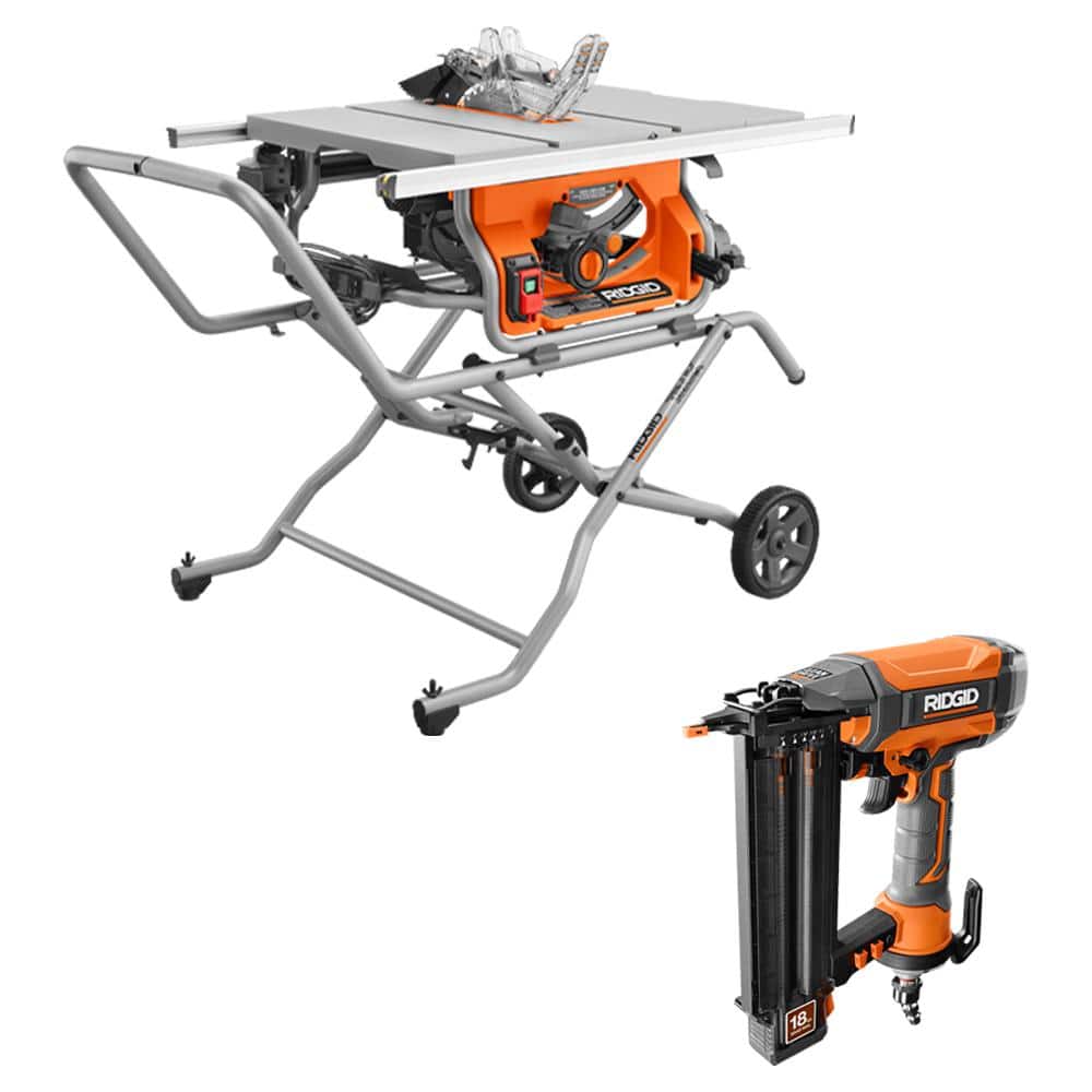RIDGID 15 Amp 10 in. Portable Pro Jobsite Table Saw with Rolling Stand and Pneumatic 18-Gauge 2-1/8 in. Brad Nailer -  R4514SBF