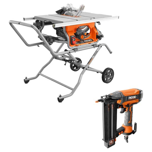 RIDGID 15 Amp 10 in. Portable Pro Jobsite Table Saw with Rolling Stand and Pneumatic 18-Gauge 2-1/8 in. Brad Nailer