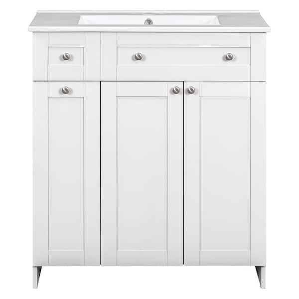 Polibi 30.00 in. W x 18.00 in. D x 34.00 in. H Wood One Sinks Bath Vanity in White with White Ceramic Top and Storage Cabinet