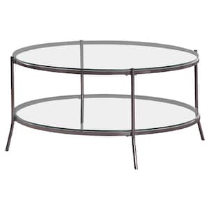 38 .75in Black Nickel and Clear Round Glass Coffee Table with Storage Shelf