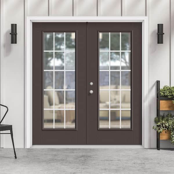 72 in. x 80 in. Willow Wood Fiberglass Prehung Right-Hand Inswing GBG 15-Lite Clear Glass Patio Door with Vinyl Frame