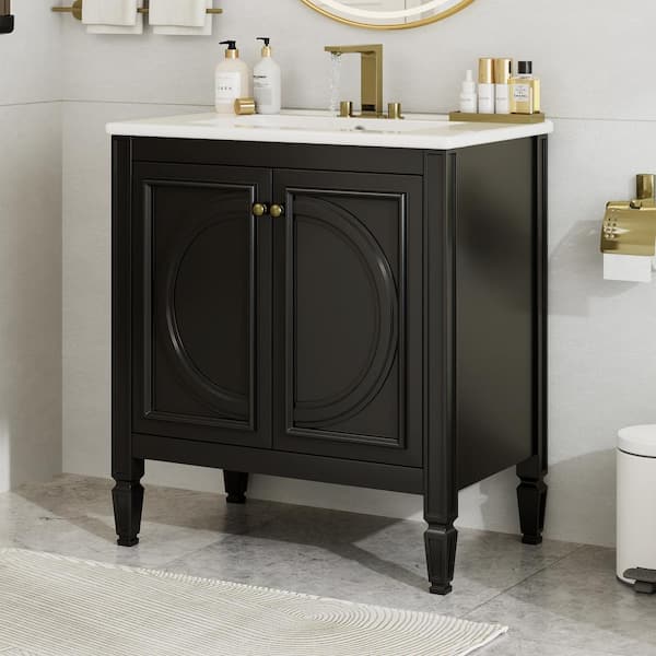 Bella 30 in. Single Sink Multi-Functional Vintage Freestanding Black Bath Vanity with White Ceramic Top Unassembled
