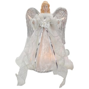 12 in. Lighted Silver and White Angel with Wings Christmas Tree Topper - Clear Lights