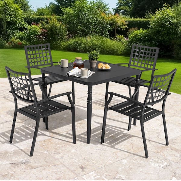 Black 5-Piece Metal Square Outdoor Dining Set with 4 Stackable Chairs and Umbrella Hole