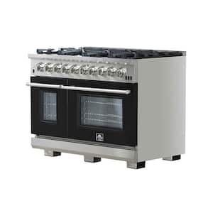 Capriasca 48 in 8 Burner Double Oven Dual Fuel Range with Gas Stove and Electric Oven in Stainless Steel with Black Door