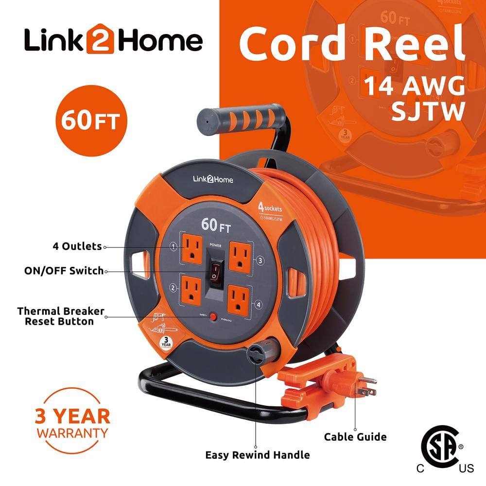 60 ft. 14/3 Extension Cord Storage Reel with 4 Grounded Outlets and Surge Protector - 3