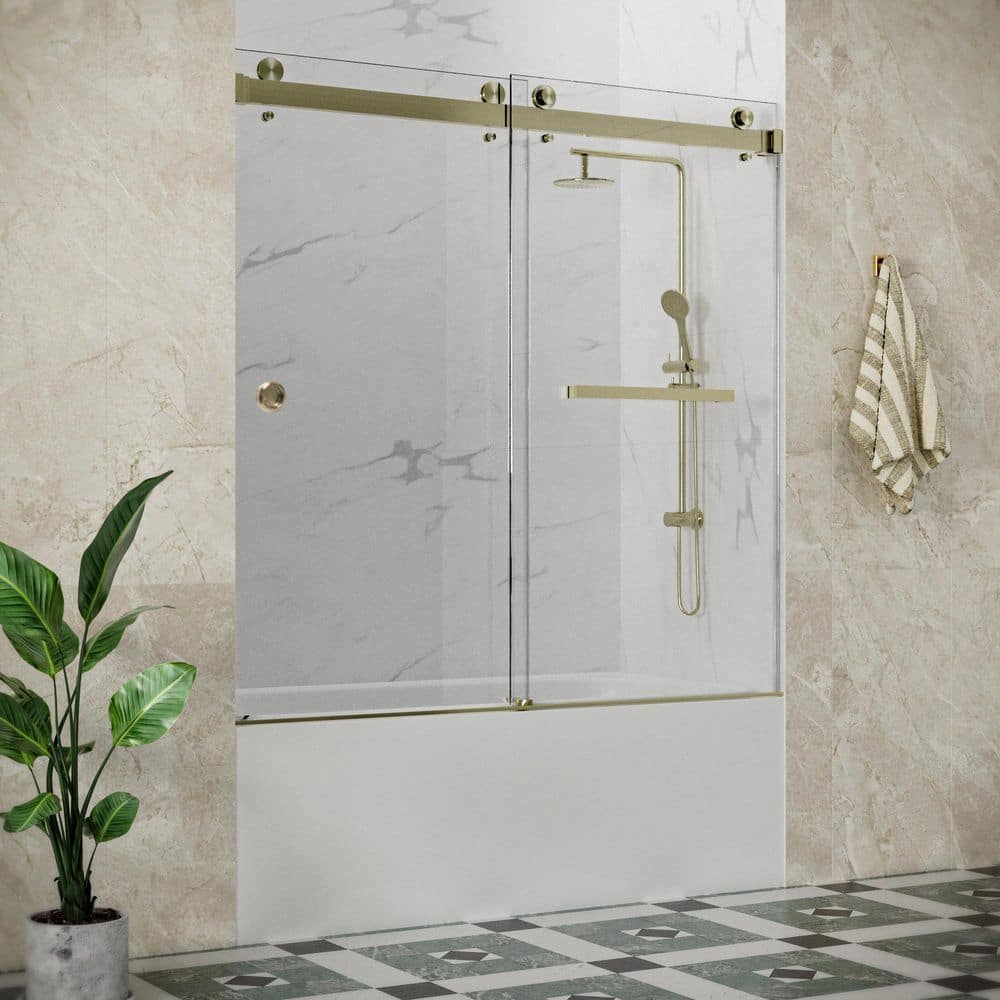 SolaFP 56 to 60 in. W x 60 in. H Double Sliding Frameless Tub Door in Brushed Bronze with 3/8 in. Clear Glass price history on PriceWatchPro