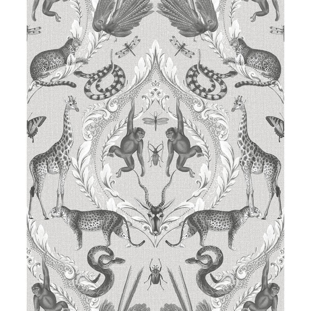 Bazaar Collection Grey / Black Animal Menagerie Damask Non-Woven Non-Pasted