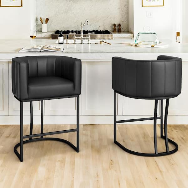 Siska 26 in.Modern Black Faux Leather Upholstered Counter Stool with Black Metal Frame Barrel Counter Bar Stool Set of 2