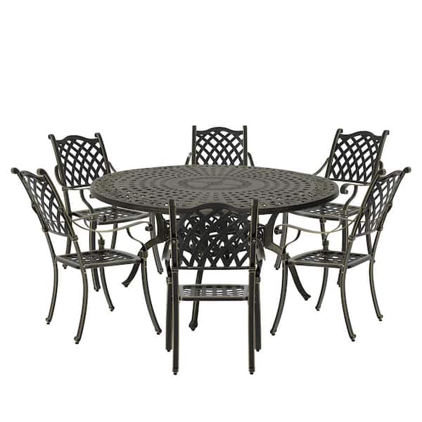 Unbranded 7-Piece Antique Bronze Cast Aluminum Patio Outdoor Dining Set with 59 in. Round Table and 6 Dining Chairs