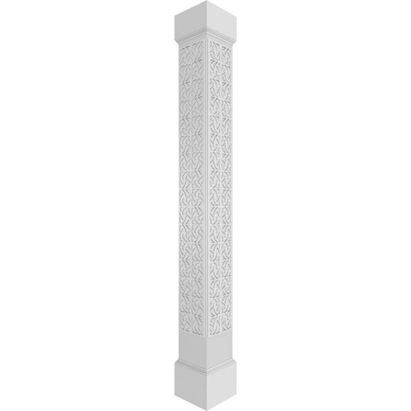 Ekena Millwork 9-5/8 in. x 9 ft. Premium Square Non-Tapered Paisley Fretwork PVC Column Wrap Kit w/Mission Capital and Base