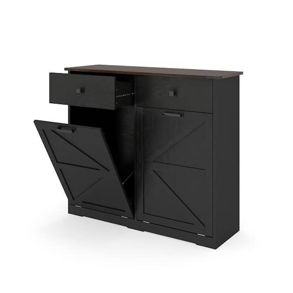 Black Wood Tilt Out Trash Cabinet, Barn Door Laundry Sorter Cabinet with Hideaway Drawer for 20 Gal. Trash Cans