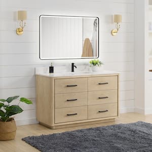 Porto 55 in. W x 22 in. D x 33.8 in. H Single Sink Bath Vanity in Natural Oak with White Quartz St1 Top and Mirror