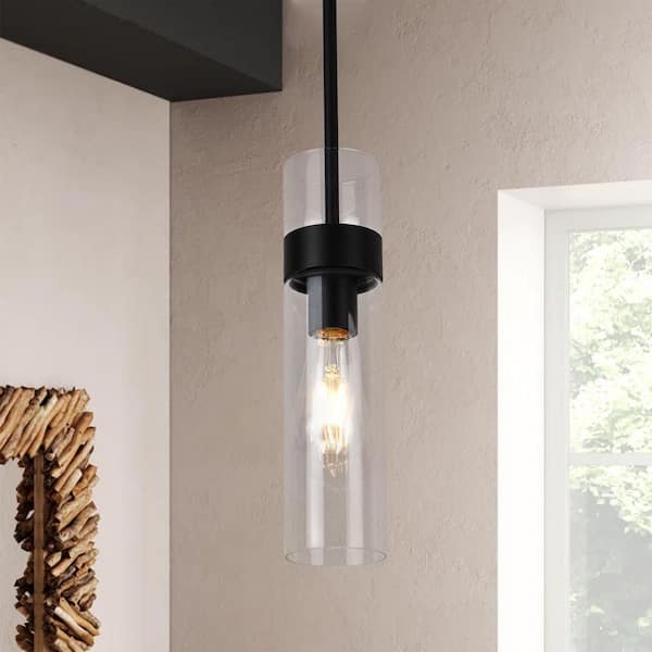 1-Light Black understated Mini Pendant Light with Clear Glass Shade