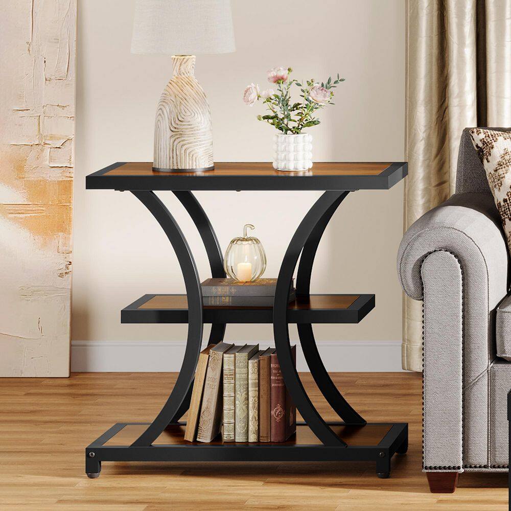 23.6 in. Rustic Brown Rectangle Engineered Wood End Table with Storage Shelves, Narrow Side Table with Metal Frame - thumbnail 2