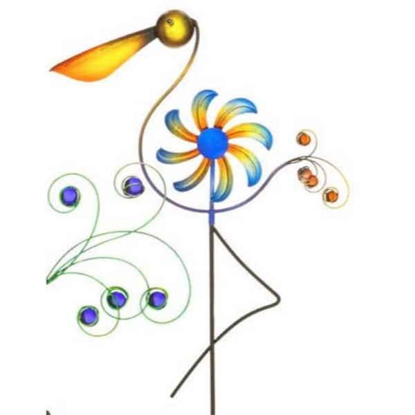 Evergreen 31 in. Cheerful Summer Days Yellow and Blue Bird Garden Stake with Kinetic Wind Spinner