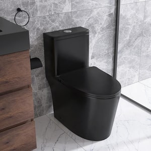 12 in. 1-Piece 1.28/1.6 GPF Dual Flush Elongated Toilet in Matte Black Seat Included