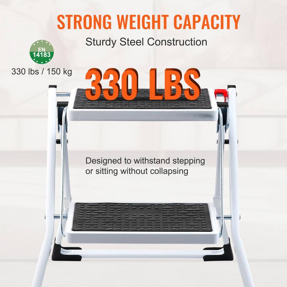 White Foldable 2-Step Steel Ladder with Anti-Slip Pedals