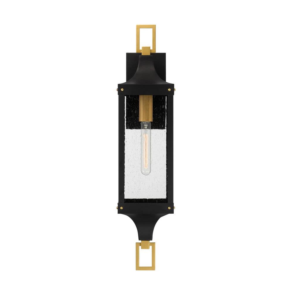 Matte Black and Brass Outdoor Wall Lantern with Seeded Glass