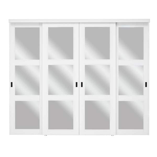 96 in. x 80 in. Solid Core 3-Lite Mirror White Primed MDF Interior Closet Sliding Door with Hardware