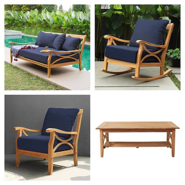 Kinsley Teak Wood Outdoor Set: Rocking Chair, Lounge Chair, Sofa Day Bed with Navy Cushions and Coffee Table