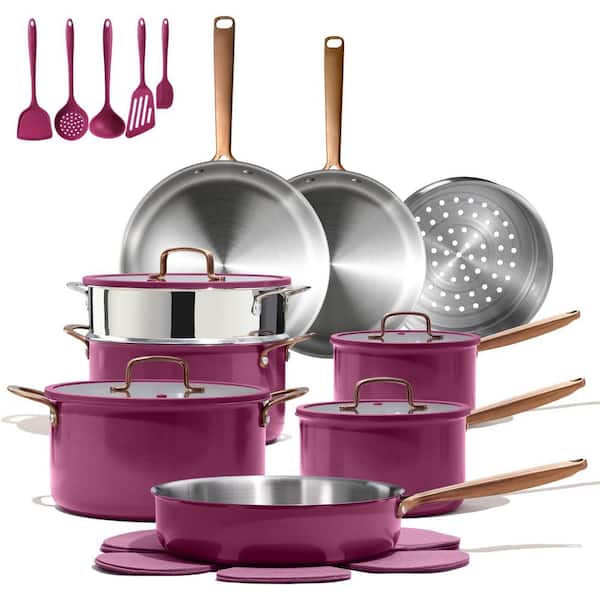 24-Piece Violet Purple Tri-Ply Stainless Steel Nonstick Cookware Set Induction Compatible Ceramic Finish Kitchen Set
