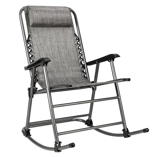 Karl home Gray Metal Folding Zero Gravity Outdoor Rocking Chair with Headrest