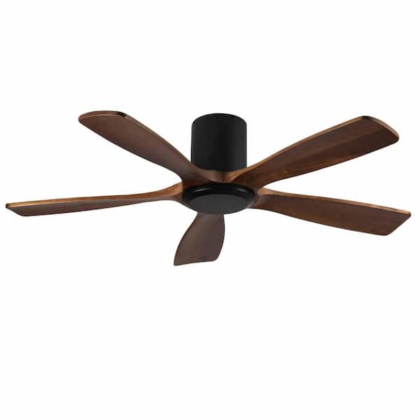 52 in. Modern Indoor Black Low Profile Solid Wood Brown Blade Flush Mount Ceiling Fan with Remote and Sleep Timer