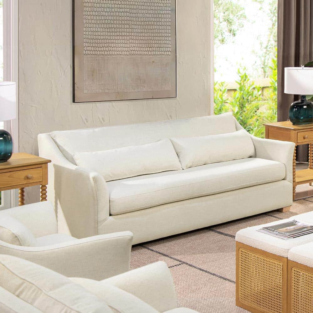 Ada 83" Flared Arm White Linen Sofa with Lumbar Pillows