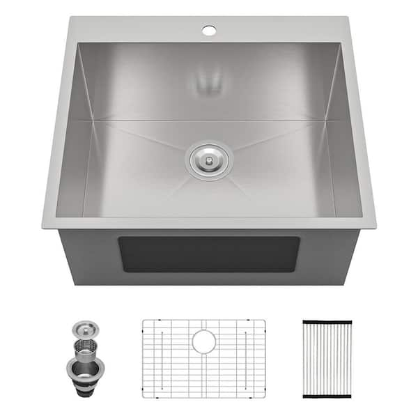 LORDEAR 25 in. D x 22 in. W x 12 in. H Drop-In Laundry/Utility Sink Single Bowl 16-Gauge Stainless Steel with Strain Basket