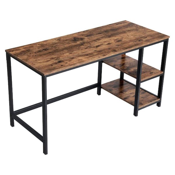 Benjara 55 in. Brown Rectangle Wooden and Steel Office Writing Computer Desk with 2 Shelves
