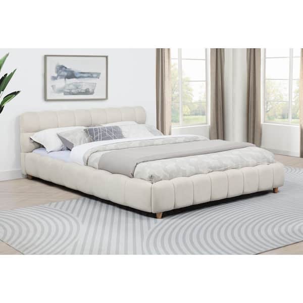 Orba Beige Wood Frame Queen Platform Bed with Jute Upholstery