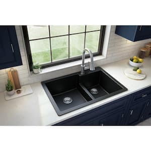 QT-811 Quartz 33 in. 60/40 Double Bowl Drop-In Kitchen Sink in Black
