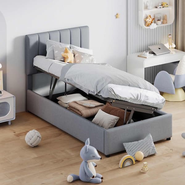 Gray Wood Frame Twin Size Platform Bed with a Hydraulic Storage System