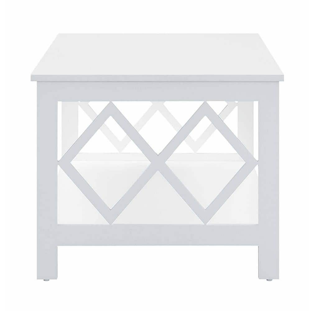 White 40" Diamond Cut-Out Wood Coffee Table with Shelf