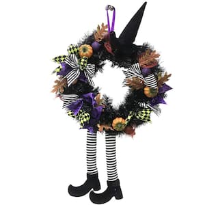 24" Halloween Wreath-Black Hanging Artificial Witchy Decor with Pumpkins, Maple Leaves, Witch Hat &Legs Halloween Wreath