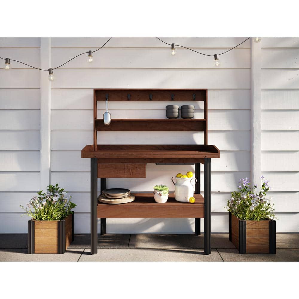 Vita 46" Dark Brown Cedar Potting Bench with Hooks