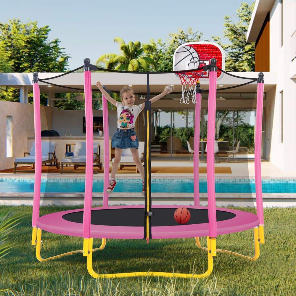 5.5 ft. Pink Round Mini Toddler Trampoline with Safety Enclosure and Basketball Hoop