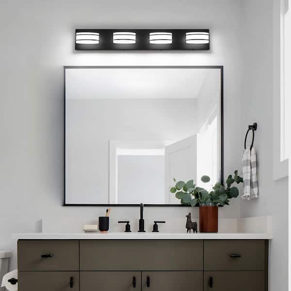 27.95 in. 4-Light Black Dimmable Bathroom Vanity Light with 3-CCT Adjustable Switch and 350° Swivel Range