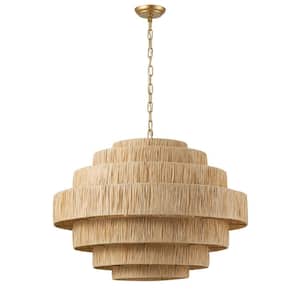 Boho 30.7 in. 5-Light 7-Tier Gold Hand-Woven Rattan Wicker Chandelier with Large Paper Shade