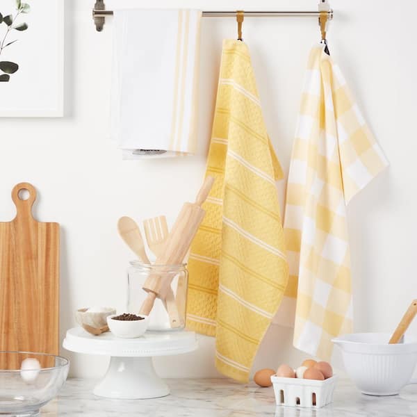 Stripe Gingham Majestic Yellow Cotton Kitchen Towel (Set of 3)