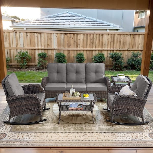Opohoro Brown 5-Piece Wicker Patio Conversation Set with Rocking Chairs, Outdoor Sofa Seating Set with Olefin Gray Cushions