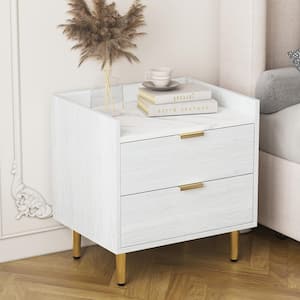 White Modern Nightstand with 2-Drawers and Marbling Worktop, Metal Legs and Handles